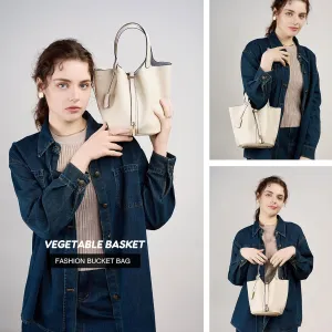 Genuine Leather Lock Design Bucket Bag Vegetable Basket Shoulder Handbag