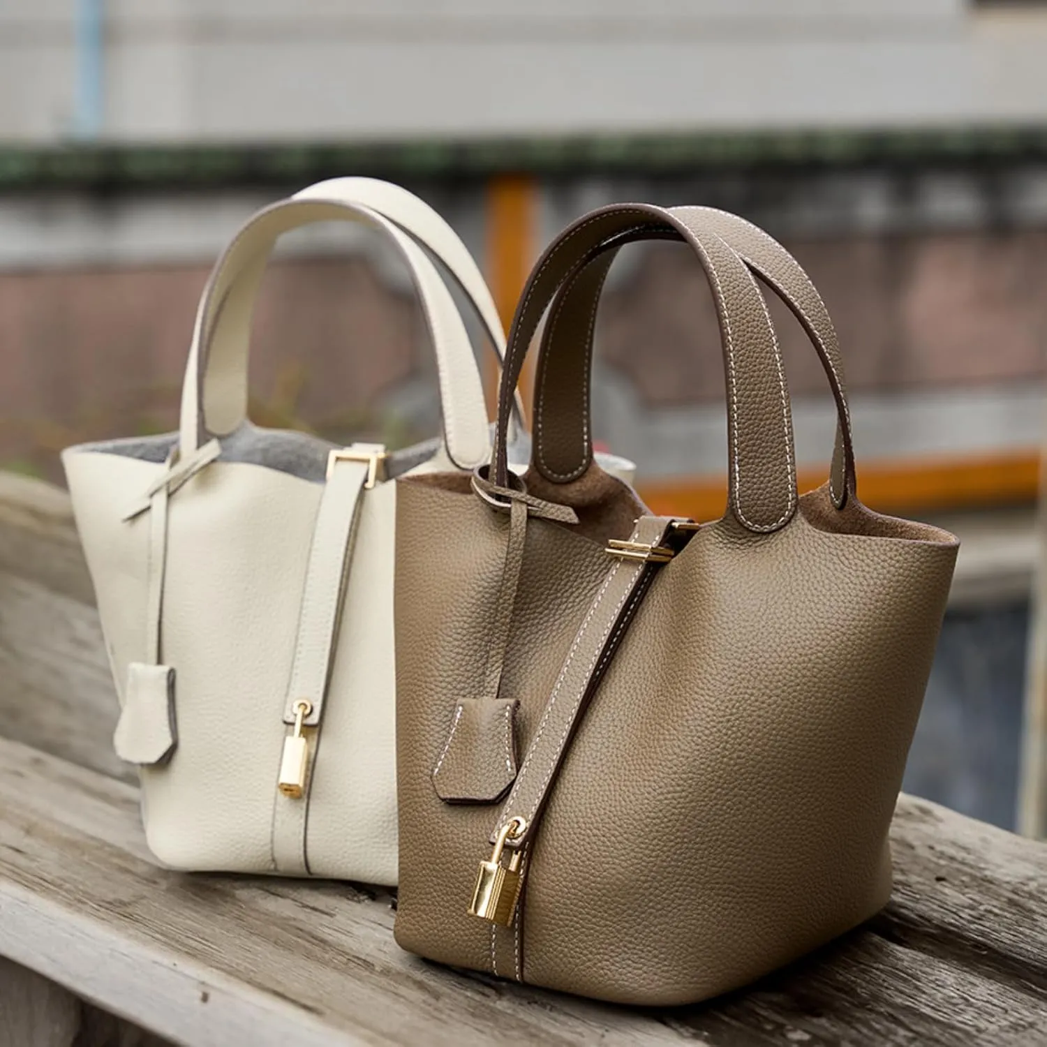 Genuine Leather Lock Design Bucket Bag Vegetable Basket Shoulder Handbag