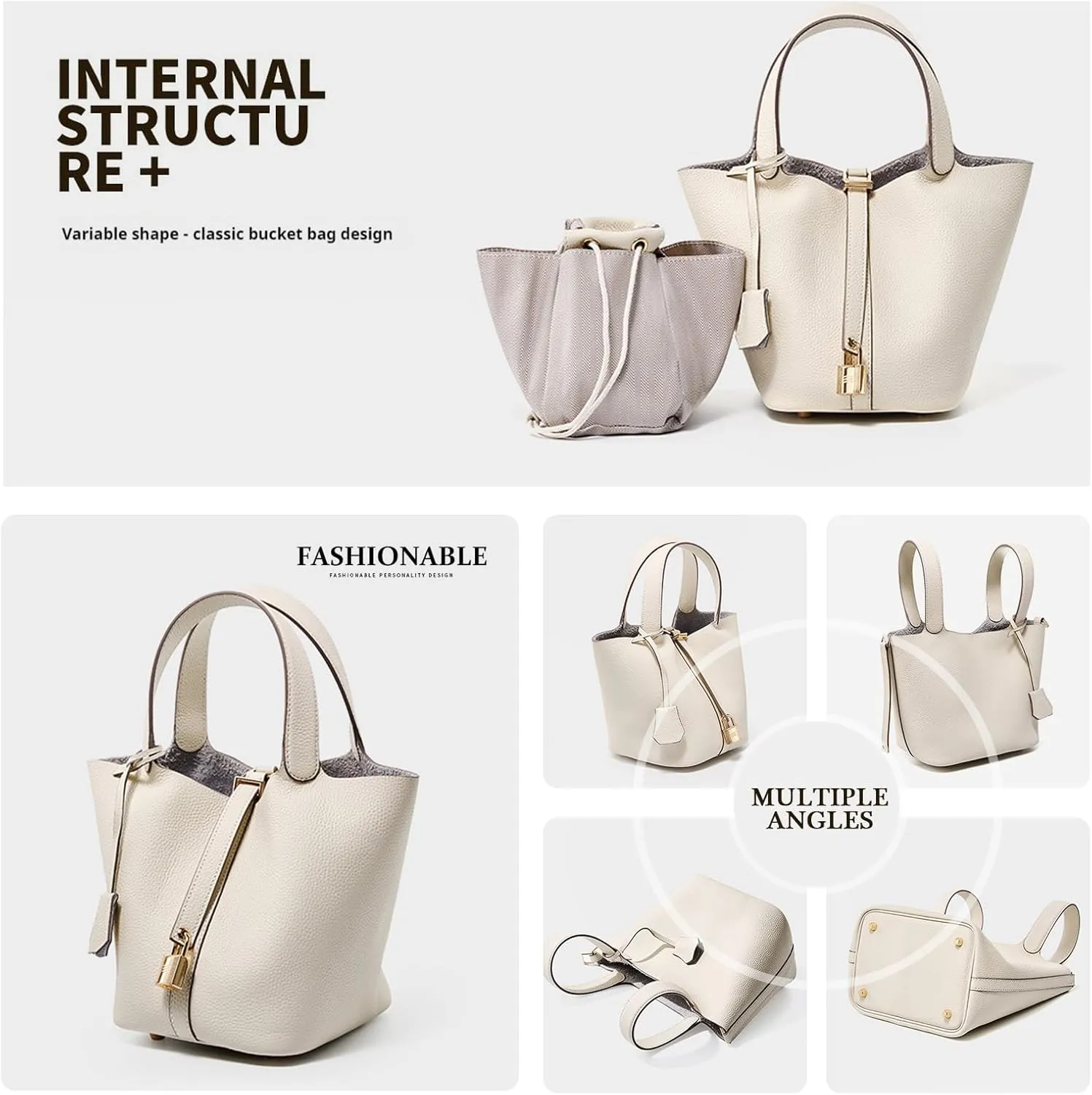 Genuine Leather Lock Design Bucket Bag Vegetable Basket Shoulder Handbag