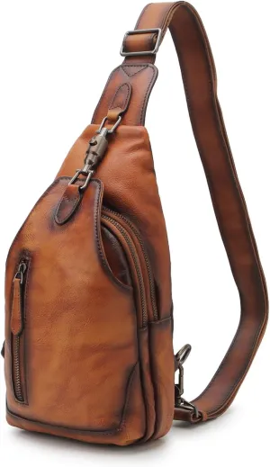 Genuine Leather Sling Bag for Men and Women Chest Pack Purse Crossbody Shoulder Bag Sling Backpack (Brown)