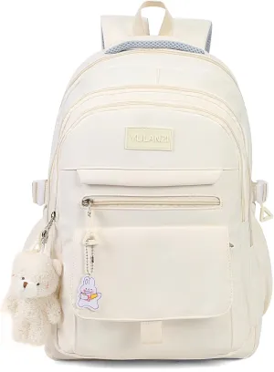 Girls Backpack for College High Middle School Student, Cute Aesthetic Bookbag for Teens Women with Accessories,Beige