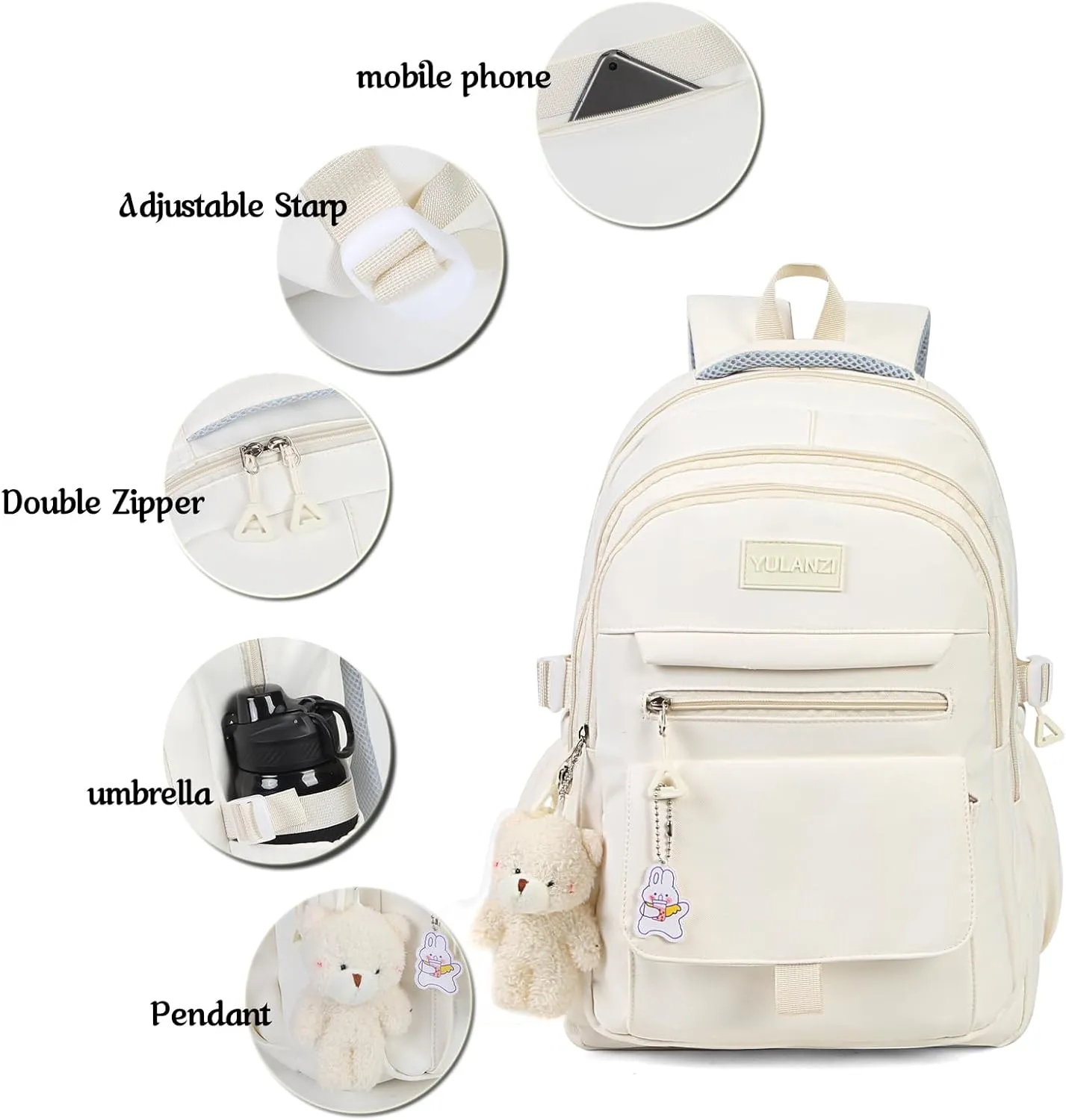 Girls Backpack for College High Middle School Student, Cute Aesthetic Bookbag for Teens Women with Accessories,Beige