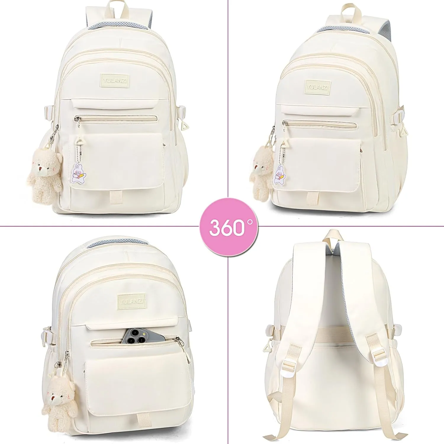 Girls Backpack for College High Middle School Student, Cute Aesthetic Bookbag for Teens Women with Accessories,Beige