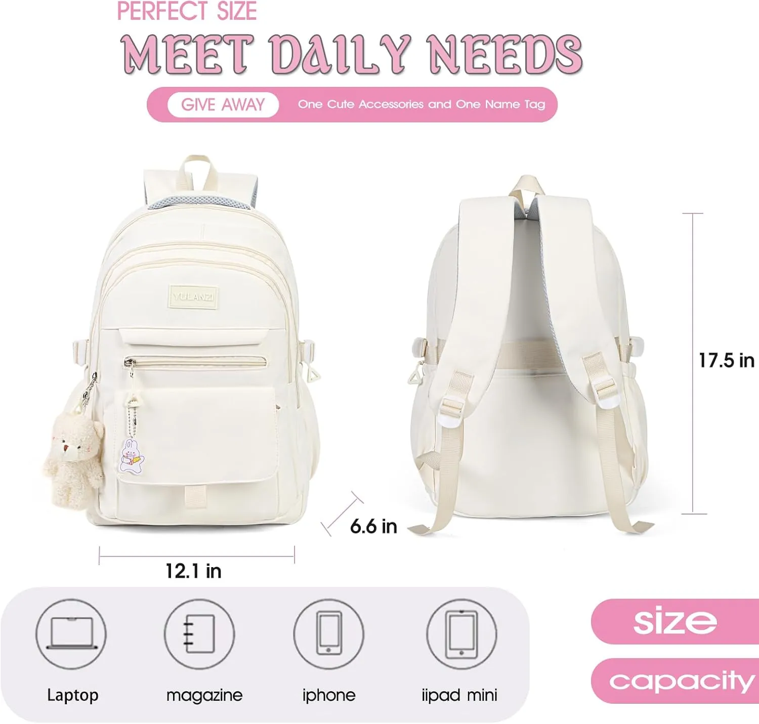 Girls Backpack for College High Middle School Student, Cute Aesthetic Bookbag for Teens Women with Accessories,Beige