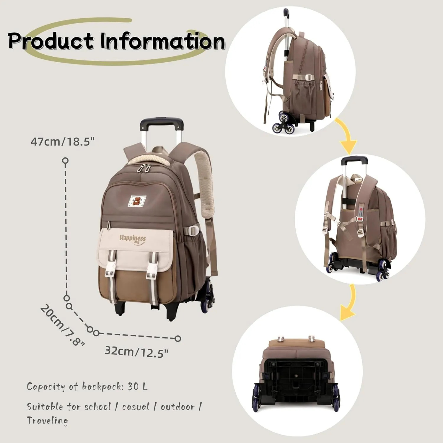 Girls Rolling Backpack for School Kids, Carry-on Wheeled School Bag Backpack for Girls with 6 Wheels, Beige