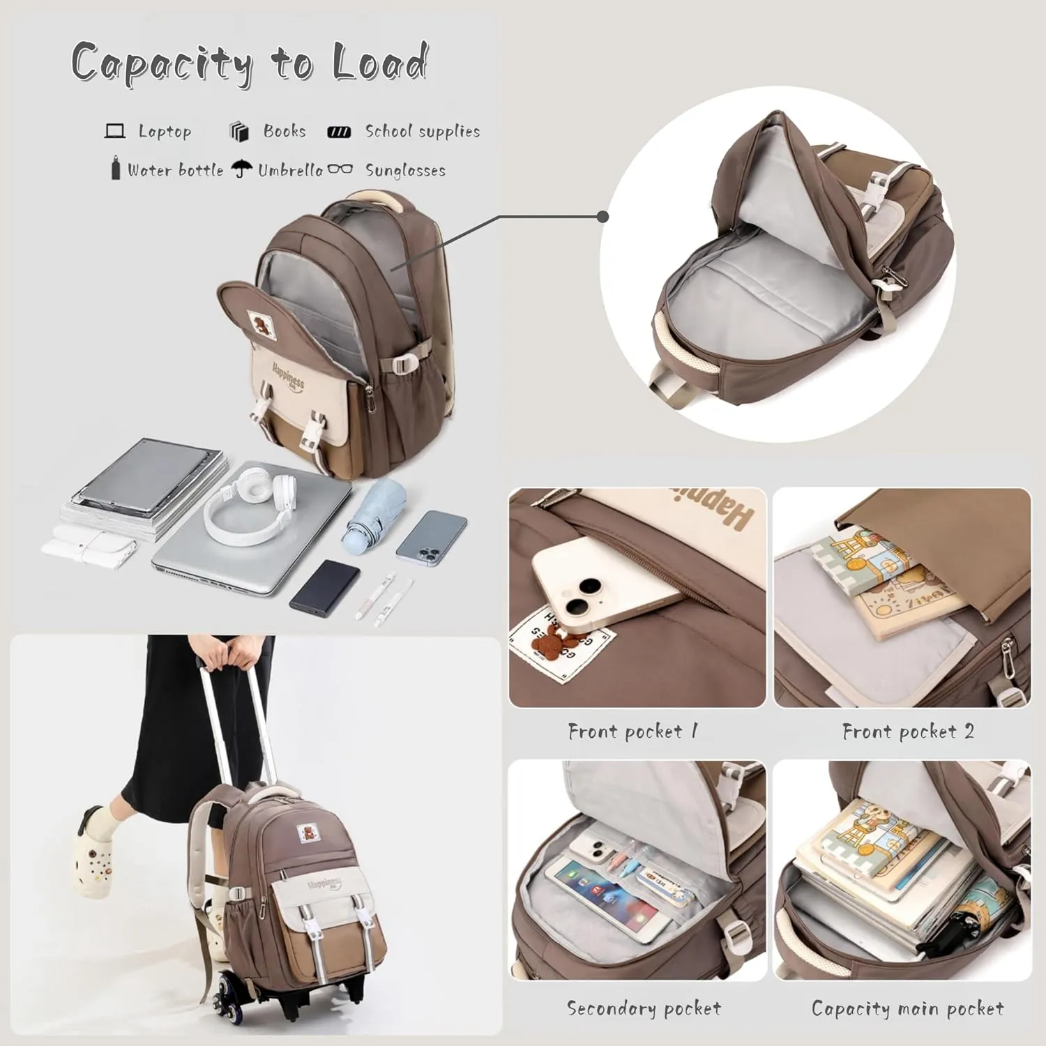 Girls Rolling Backpack for School Kids, Carry-on Wheeled School Bag Backpack for Girls with 6 Wheels, Beige