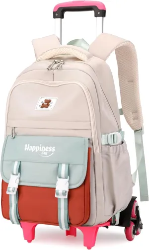 Girls Rolling Backpack for School Kids, Carry-on Wheeled School Bag Backpack for Girls with 6 Wheels, Beige