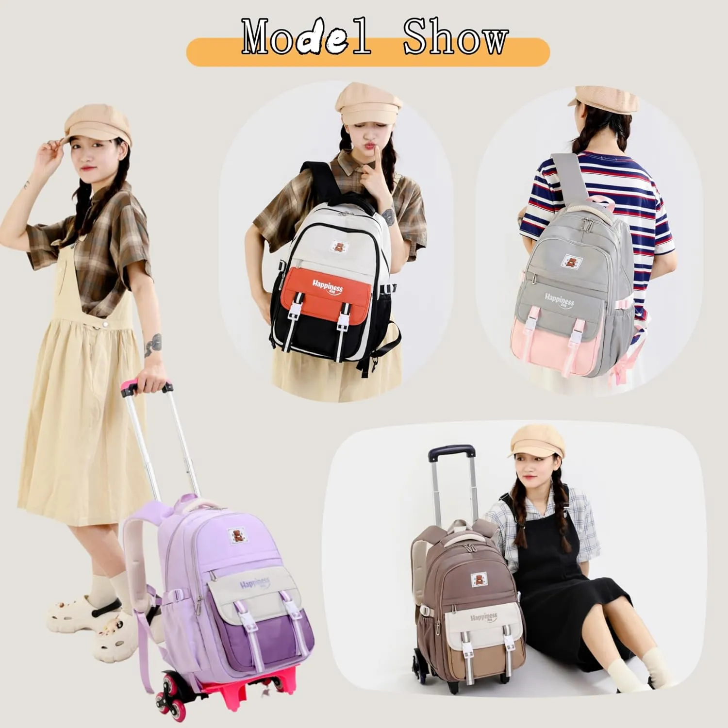 Girls Rolling Backpack for School Kids, Carry-on Wheeled School Bag Backpack for Girls with 6 Wheels, Beige