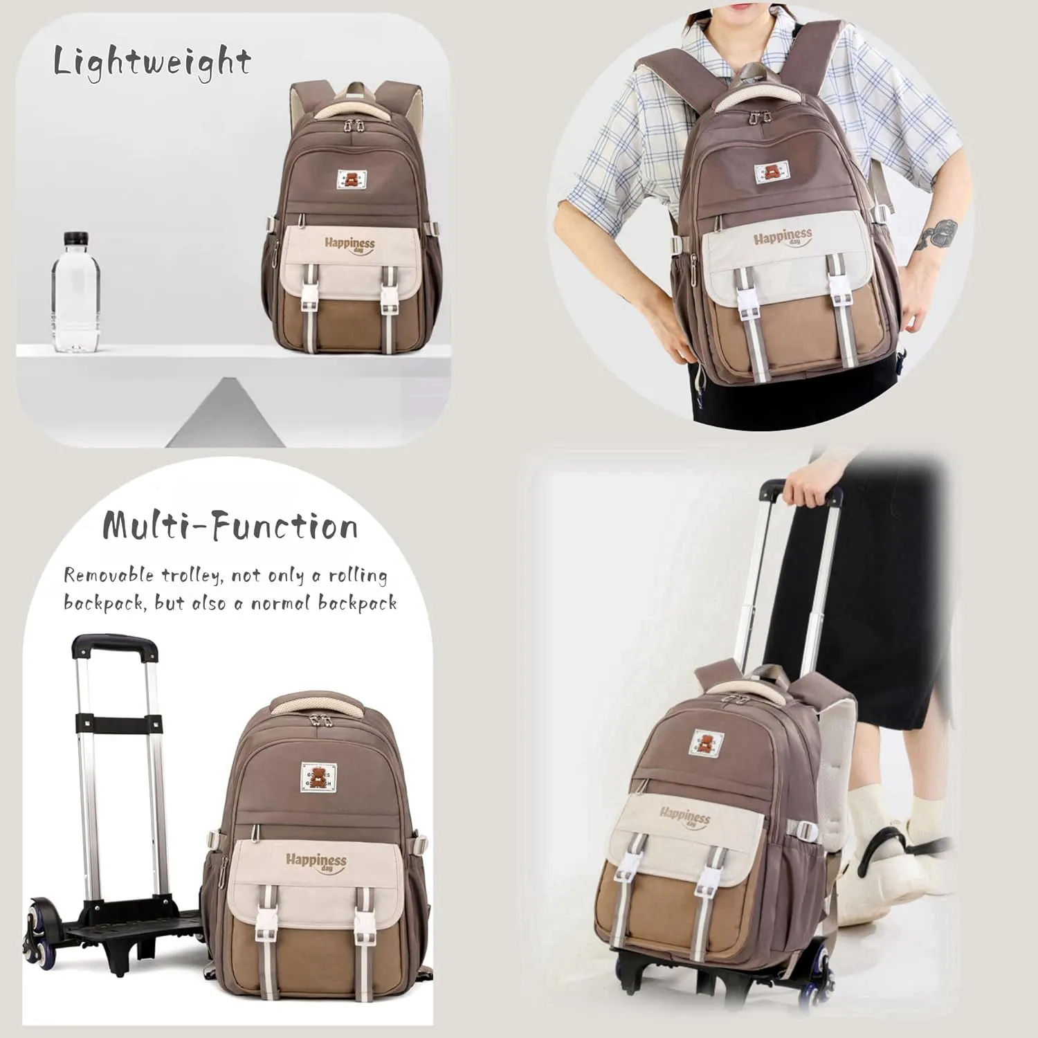 Girls Rolling Backpack for School Kids, Carry-on Wheeled School Bag Backpack for Girls with 6 Wheels, Beige