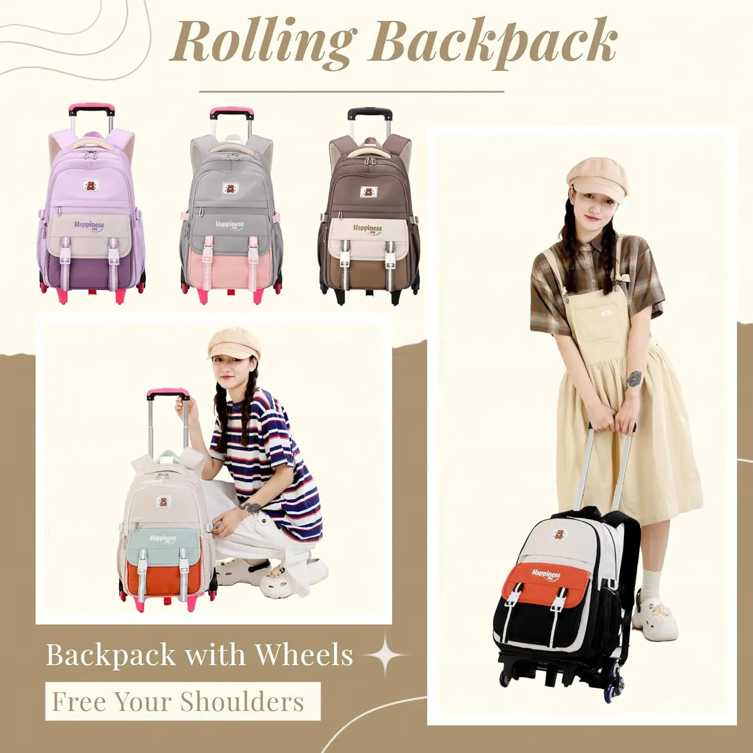 Girls Rolling Backpack for School Kids, Carry-on Wheeled School Bag Backpack for Girls with 6 Wheels, Beige
