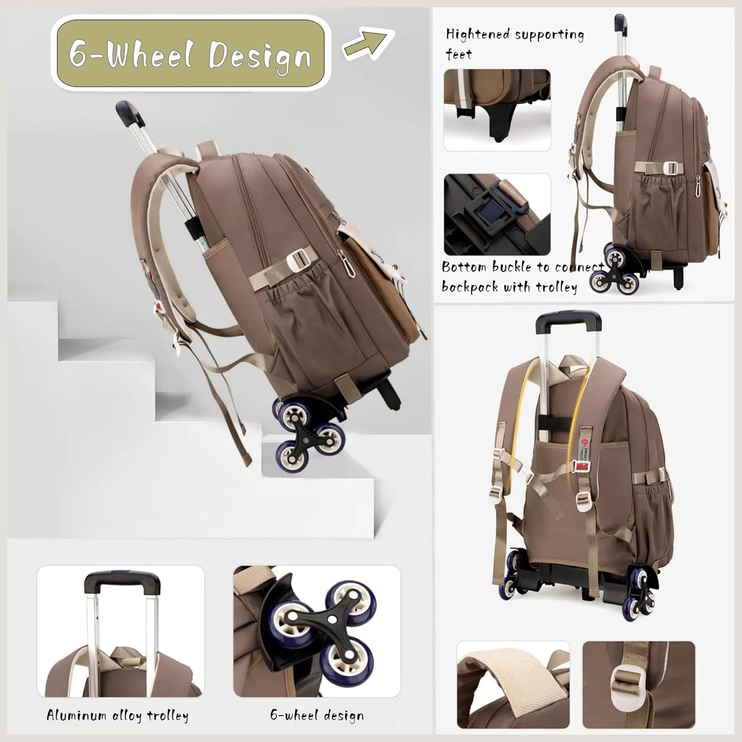 Girls Rolling Backpack for School Kids, Carry-on Wheeled School Bag Backpack for Girls with 6 Wheels, Beige