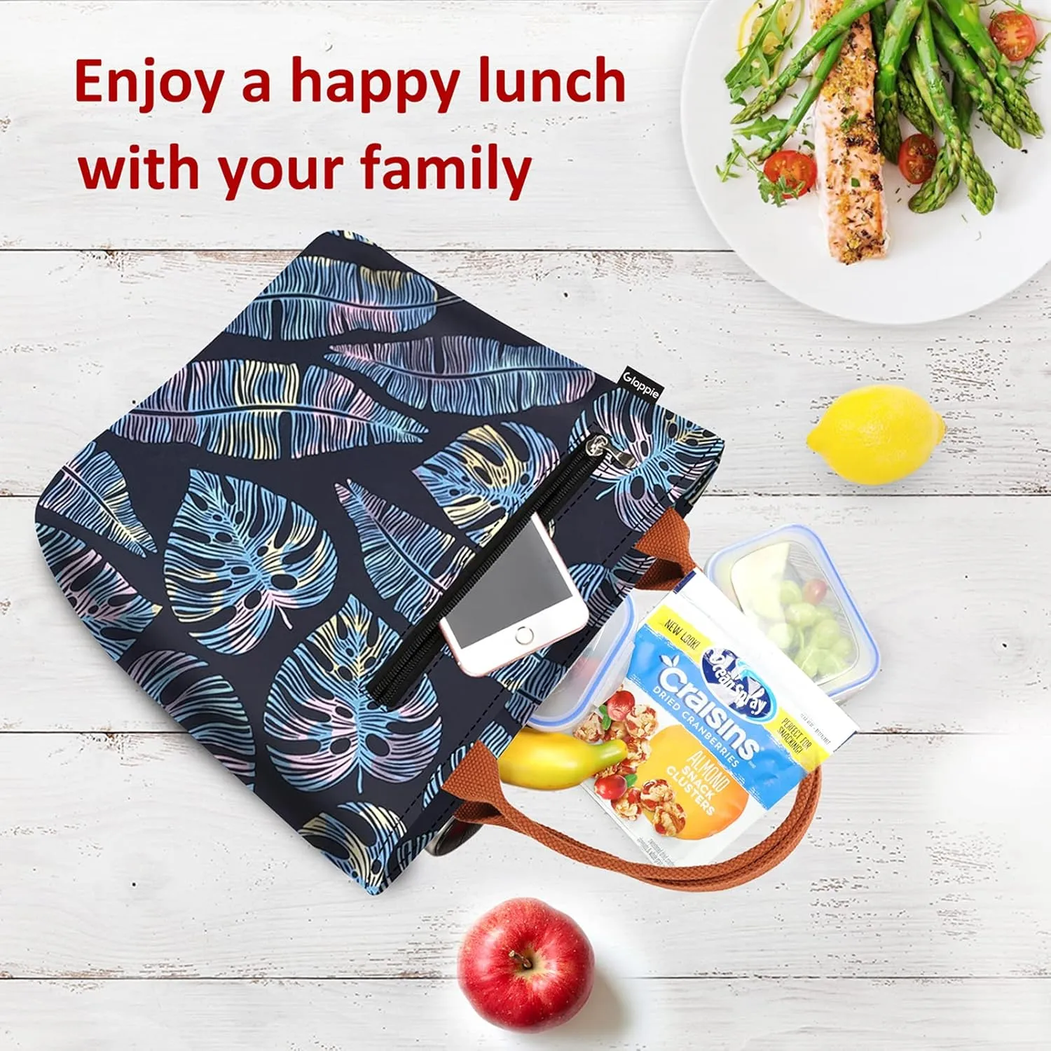 Gloppie Lunch Box for Women Adult Lunch Bag Women Insulated Lunch Tote for Work Loncheras para mujer 9L Yellow Blue Leaves
