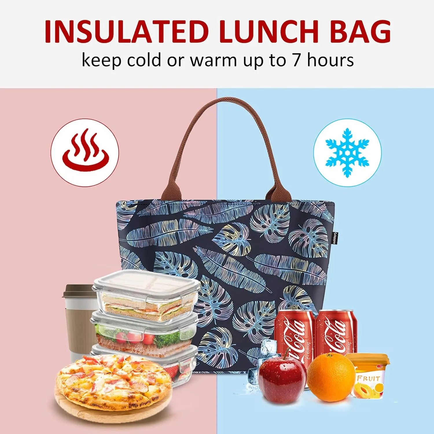 Gloppie Lunch Box for Women Adult Lunch Bag Women Insulated Lunch Tote for Work Loncheras para mujer 9L Yellow Blue Leaves