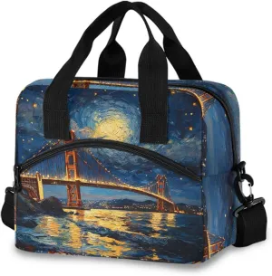 Golden Bridge Starry Sky Insulated Lunch Box for Women Men Reusable Lunch Bag for Office Picnic Cooler Bags with Adjustable Shoulder Strap