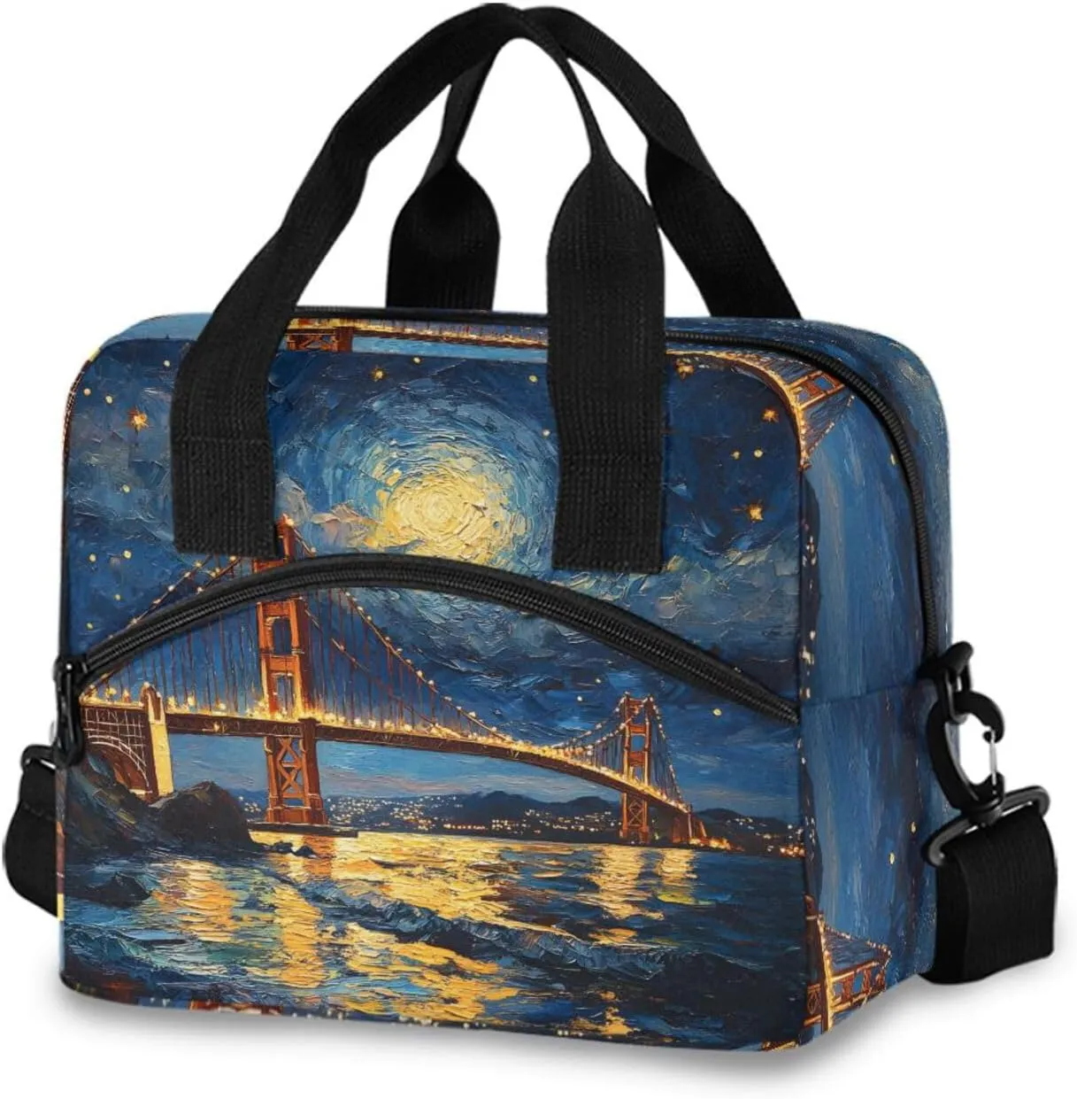 Golden Bridge Starry Sky Insulated Lunch Box for Women Men Reusable Lunch Bag for Office Picnic Cooler Bags with Adjustable Shoulder Strap