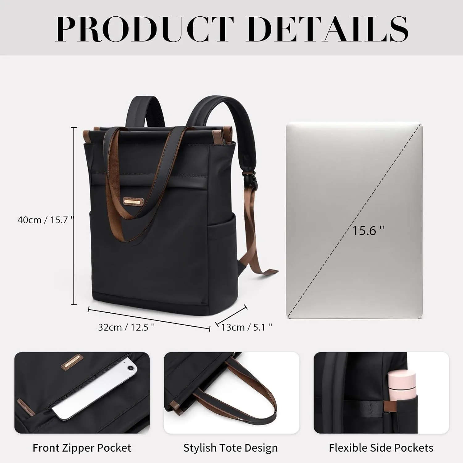 GOLF SUPAGS Convertible Laptop Backpack for Women Casual Daypack Notebook Tote Bag for Work College Travel Leisure (Black)