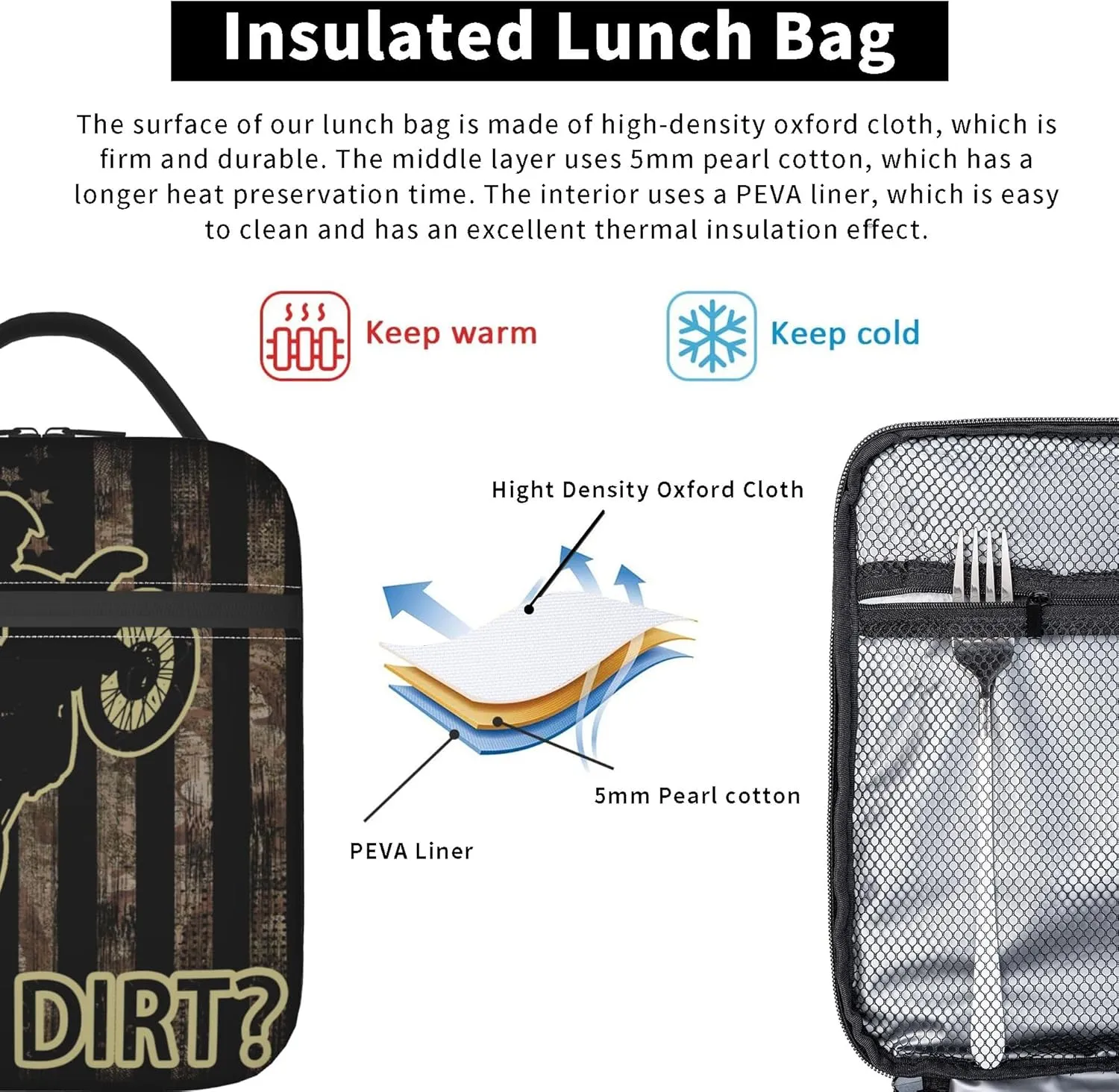 Got Dirt Bike Dirtbike Motorcross Motorcycle Moto Camo Camouflage American Flag Insulated Lunch Bag Portable Reusable Zipper Lunch Box For Men Women Work Picnic Travel Camping