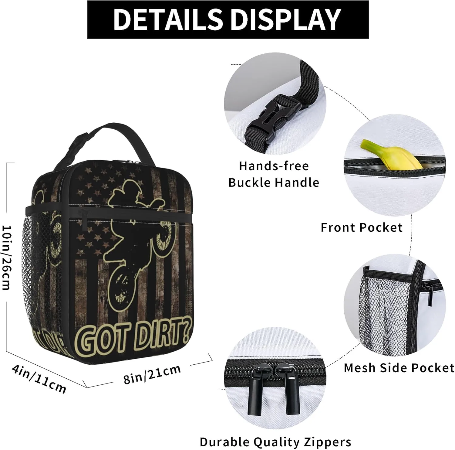 Got Dirt Bike Dirtbike Motorcross Motorcycle Moto Camo Camouflage American Flag Insulated Lunch Bag Portable Reusable Zipper Lunch Box For Men Women Work Picnic Travel Camping
