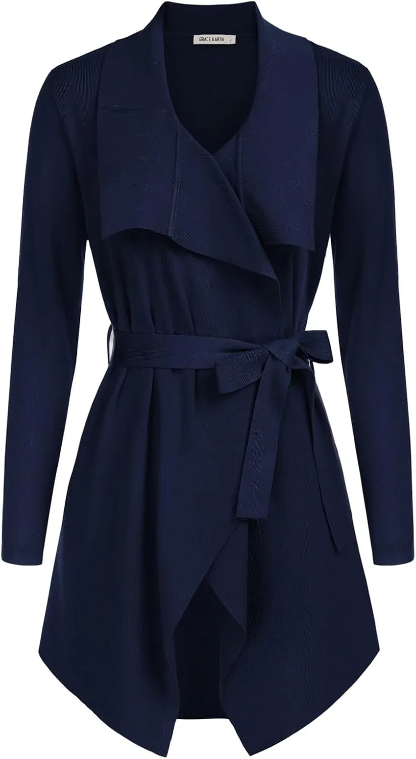 GRACE KARIN Cardigan for Women Lapel Draped Open Front Thin Sweater Long Sleeve Irregular Hem Outwear with Belt