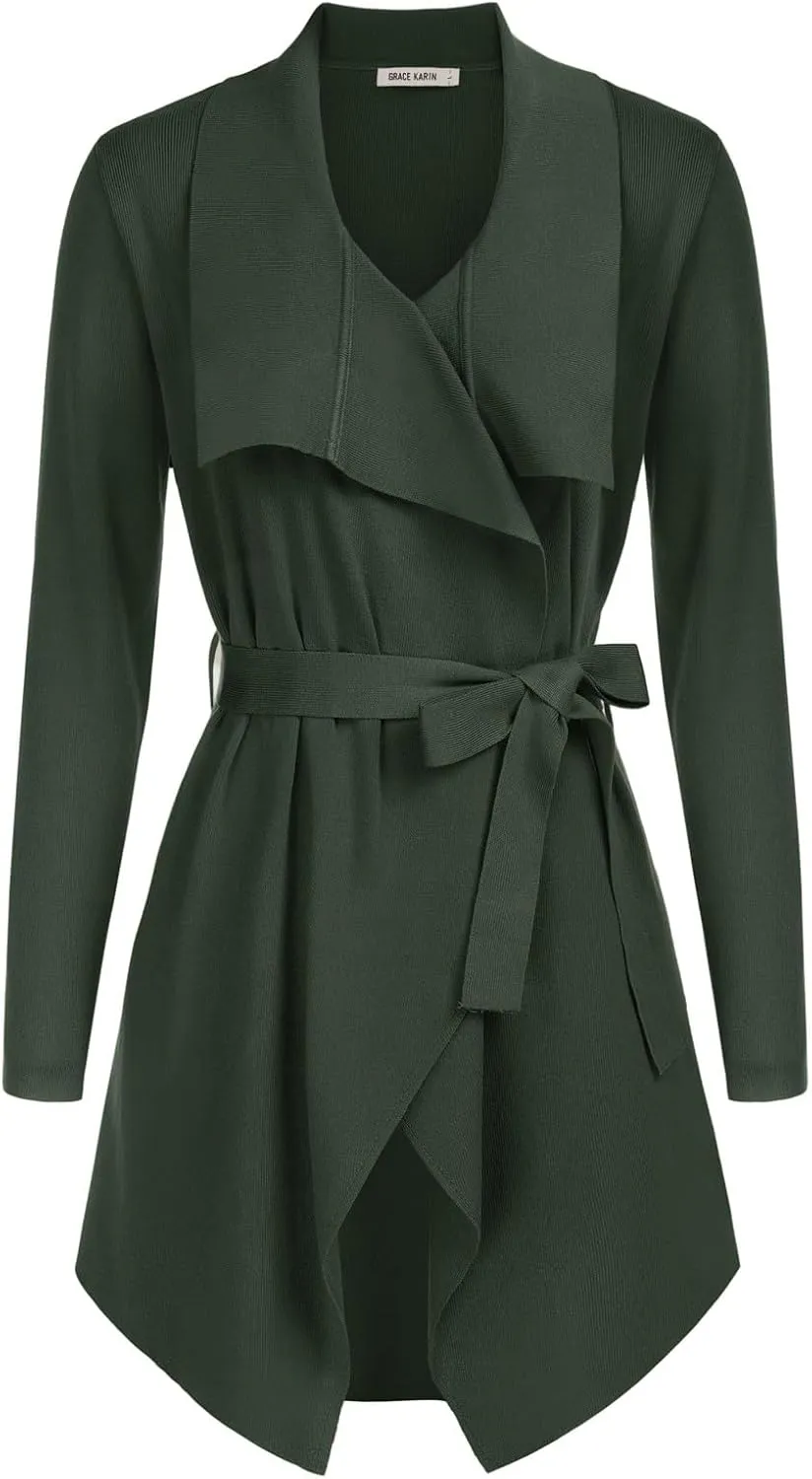 GRACE KARIN Cardigan for Women Lapel Draped Open Front Thin Sweater Long Sleeve Irregular Hem Outwear with Belt
