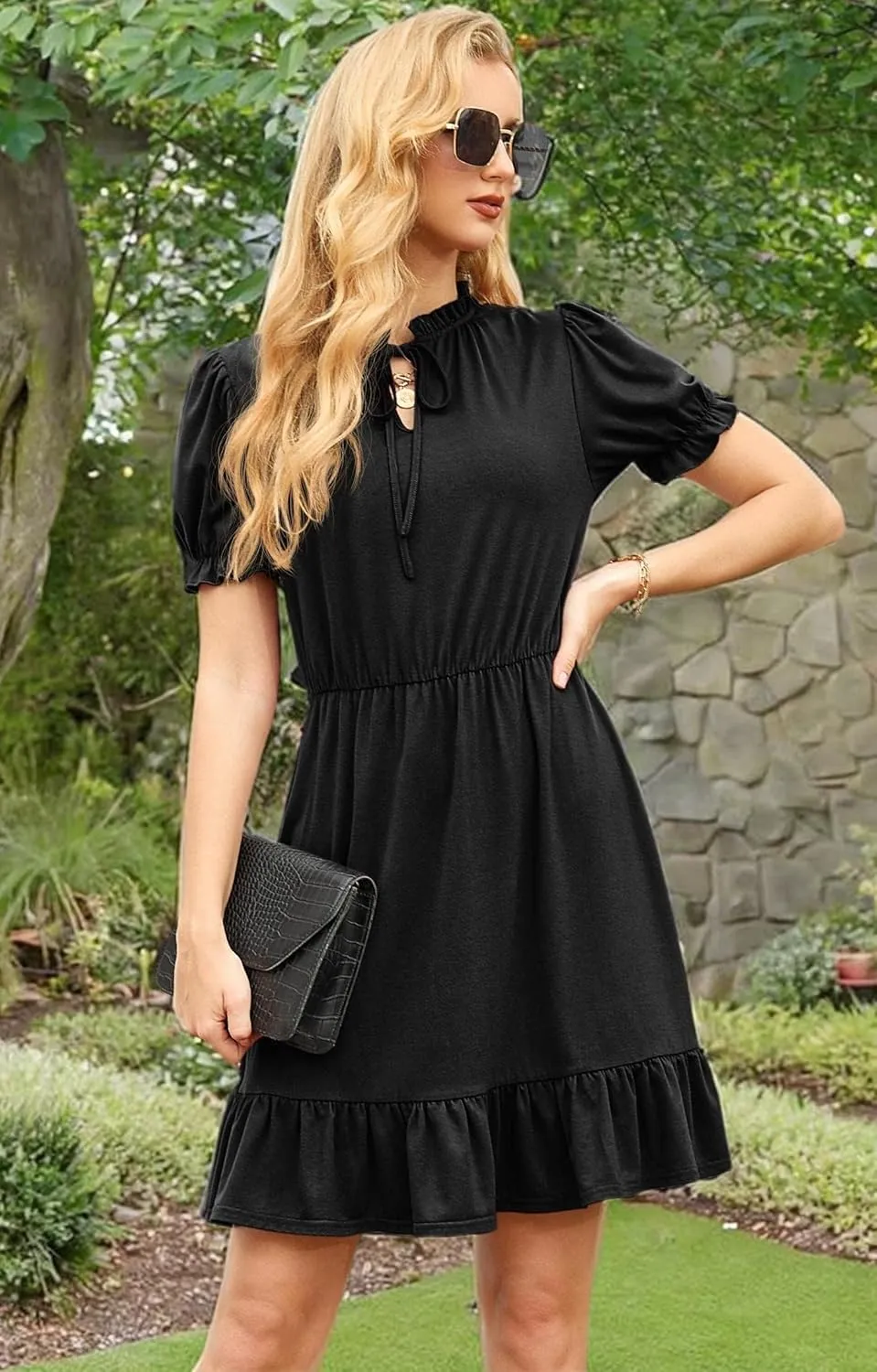 GRECERELLE 2025 Women Casual Summer Dress Tie Neck Ruffle Short Sleeve High Waist A-Line Mini Dress