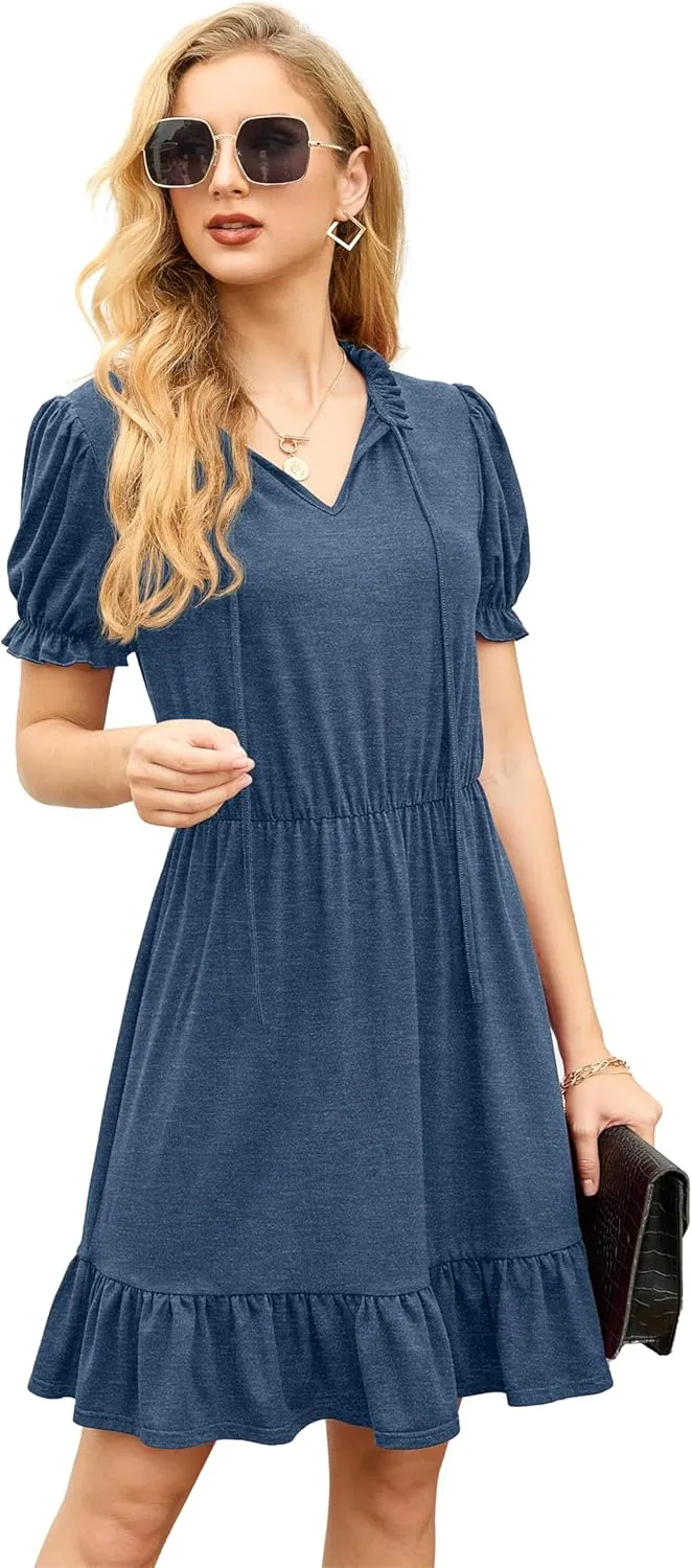 GRECERELLE 2025 Women Casual Summer Dress Tie Neck Ruffle Short Sleeve High Waist A-Line Mini Dress