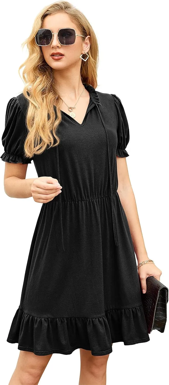 GRECERELLE 2025 Women Casual Summer Dress Tie Neck Ruffle Short Sleeve High Waist A-Line Mini Dress