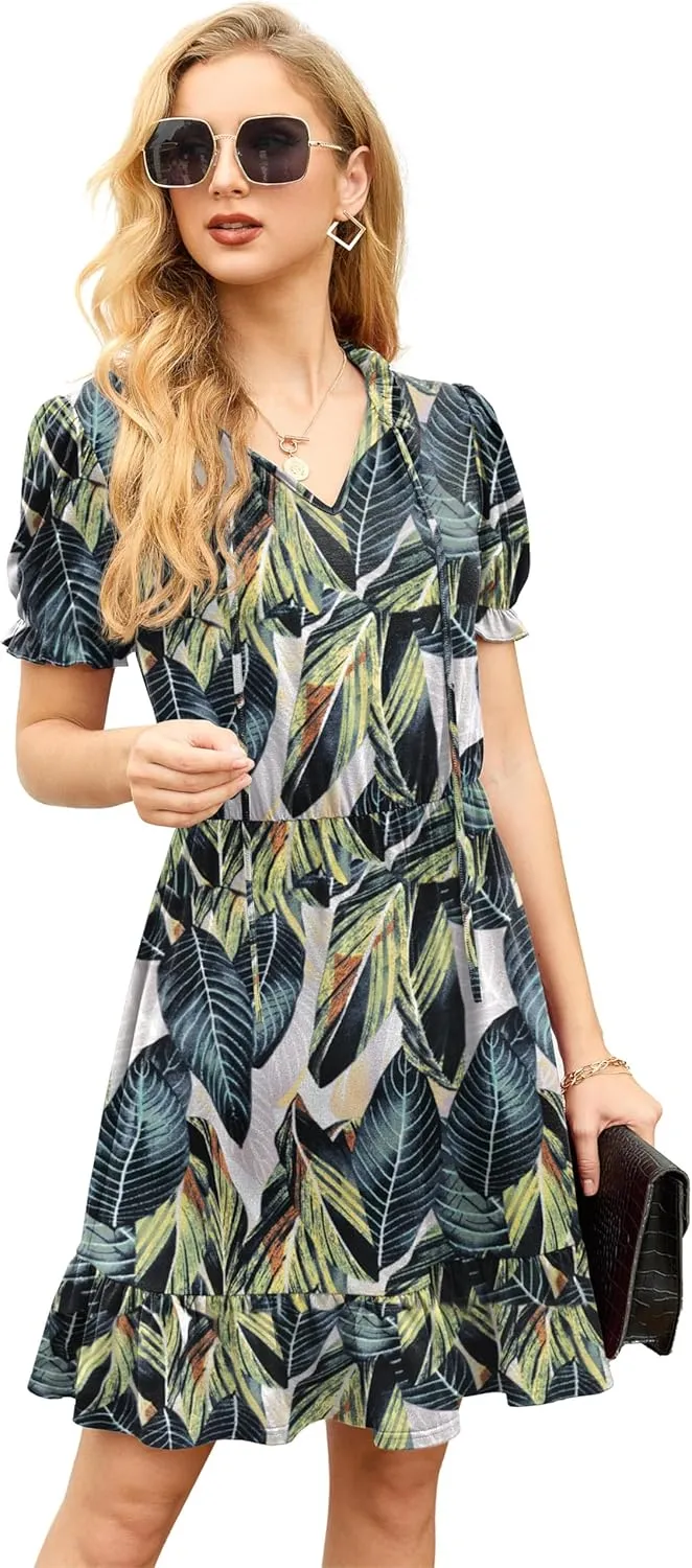 GRECERELLE 2025 Women Casual Summer Dress Tie Neck Ruffle Short Sleeve High Waist A-Line Mini Dress
