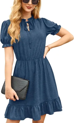 GRECERELLE 2025 Women Casual Summer Dress Tie Neck Ruffle Short Sleeve High Waist A-Line Mini Dress