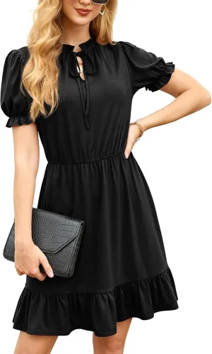 GRECERELLE 2025 Women Casual Summer Dress Tie Neck Ruffle Short Sleeve High Waist A-Line Mini Dress