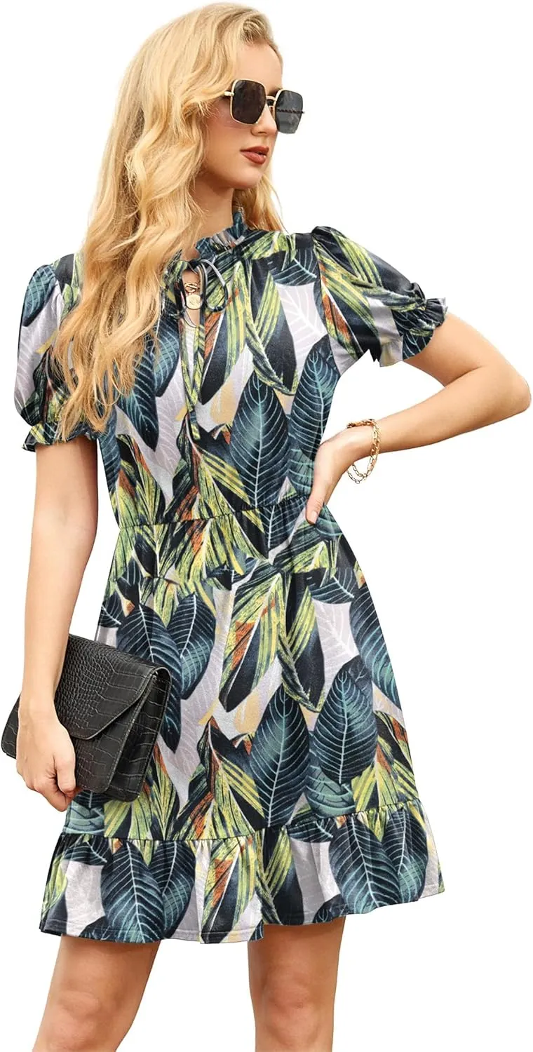 GRECERELLE 2025 Women Casual Summer Dress Tie Neck Ruffle Short Sleeve High Waist A-Line Mini Dress