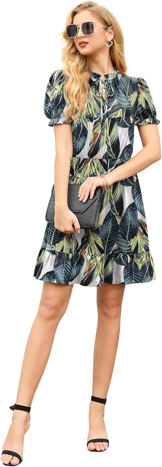 GRECERELLE 2025 Women Casual Summer Dress Tie Neck Ruffle Short Sleeve High Waist A-Line Mini Dress