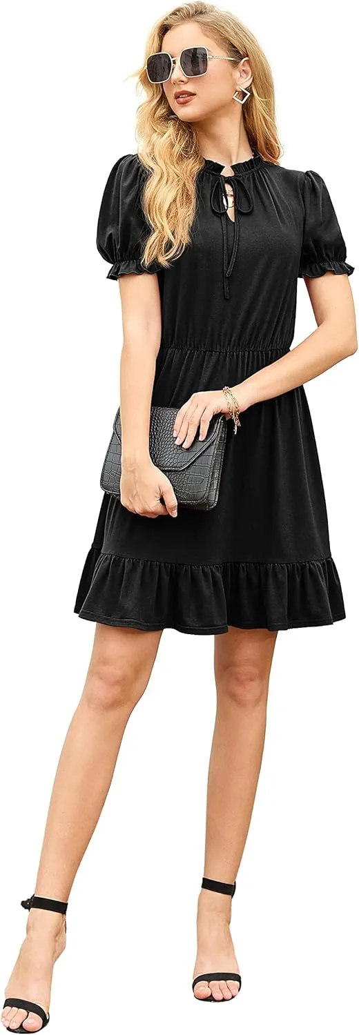 GRECERELLE 2025 Women Casual Summer Dress Tie Neck Ruffle Short Sleeve High Waist A-Line Mini Dress