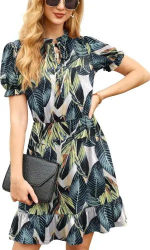 GRECERELLE 2025 Women Casual Summer Dress Tie Neck Ruffle Short Sleeve High Waist A-Line Mini Dress