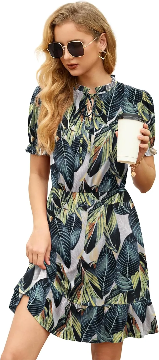 GRECERELLE 2025 Women Casual Summer Dress Tie Neck Ruffle Short Sleeve High Waist A-Line Mini Dress