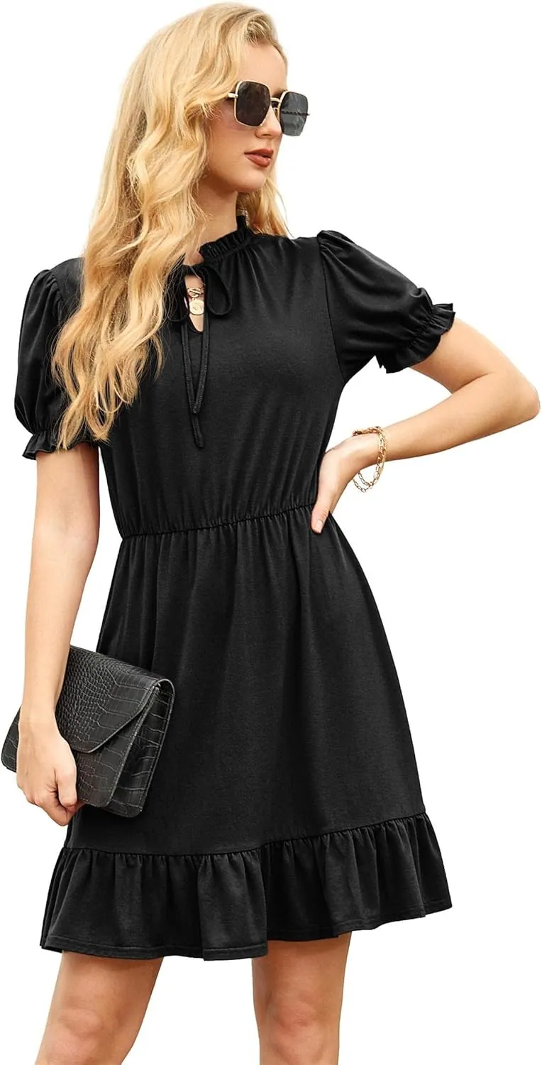 GRECERELLE 2025 Women Casual Summer Dress Tie Neck Ruffle Short Sleeve High Waist A-Line Mini Dress