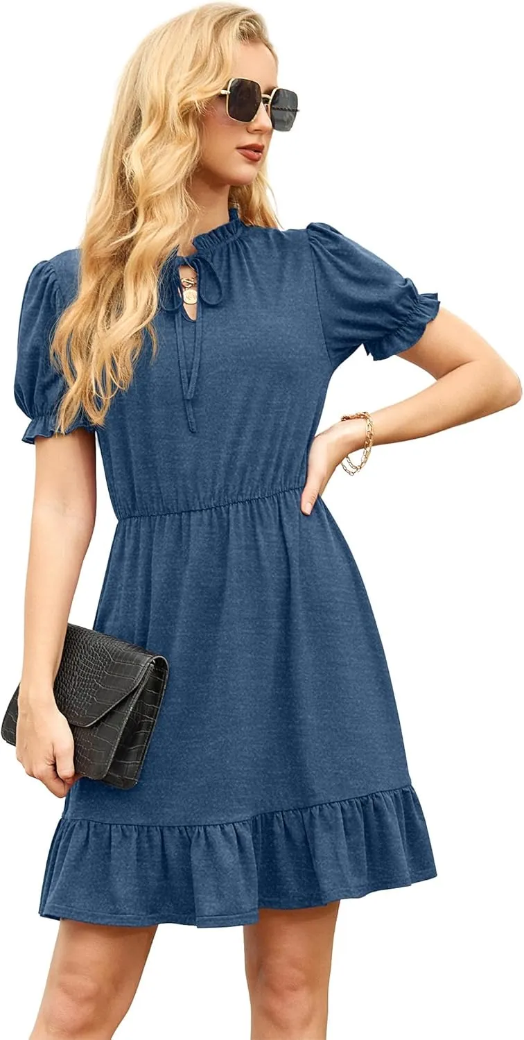 GRECERELLE 2025 Women Casual Summer Dress Tie Neck Ruffle Short Sleeve High Waist A-Line Mini Dress