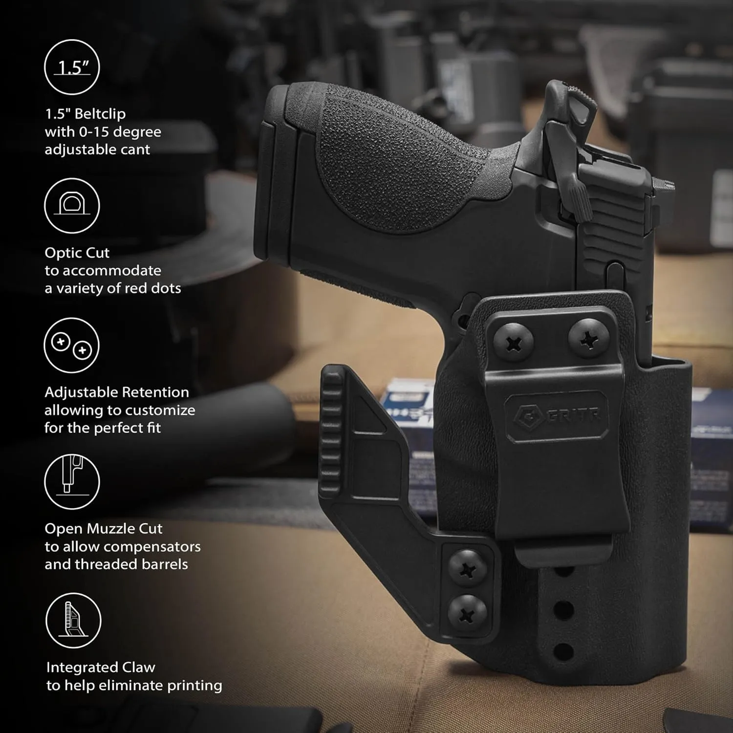 GRITR IWB Kydex Right/Left Hand Pistol Holster Compatible with Smith & Wesson CSX 9mm - Optic Cut, Concealment Claw, Open Bottom, 1.5" Belt Clip, Adjustable Retention & Cant