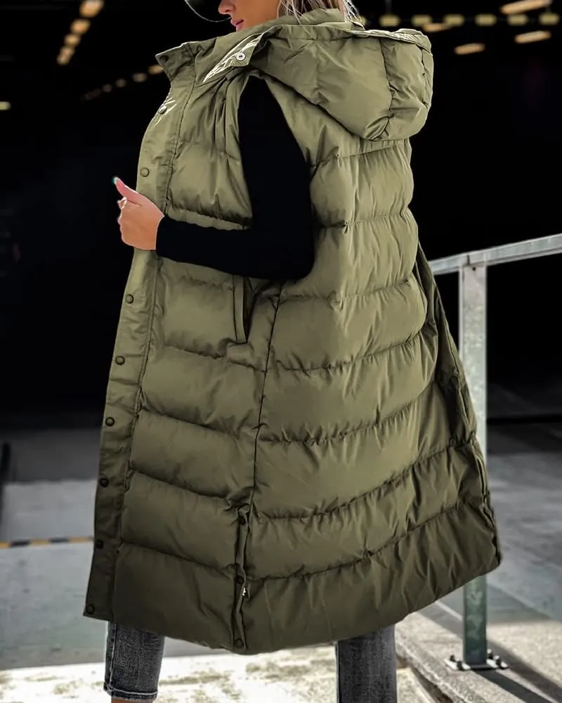 Grlasen Women's long Quilted Vest hooded sleeveless Button Down puff vest cotton padded jacket winter coat