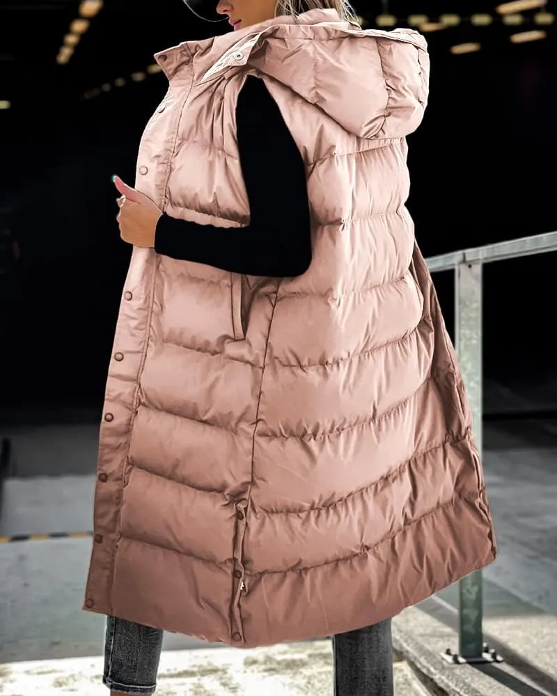 Grlasen Women's long Quilted Vest hooded sleeveless Button Down puff vest cotton padded jacket winter coat