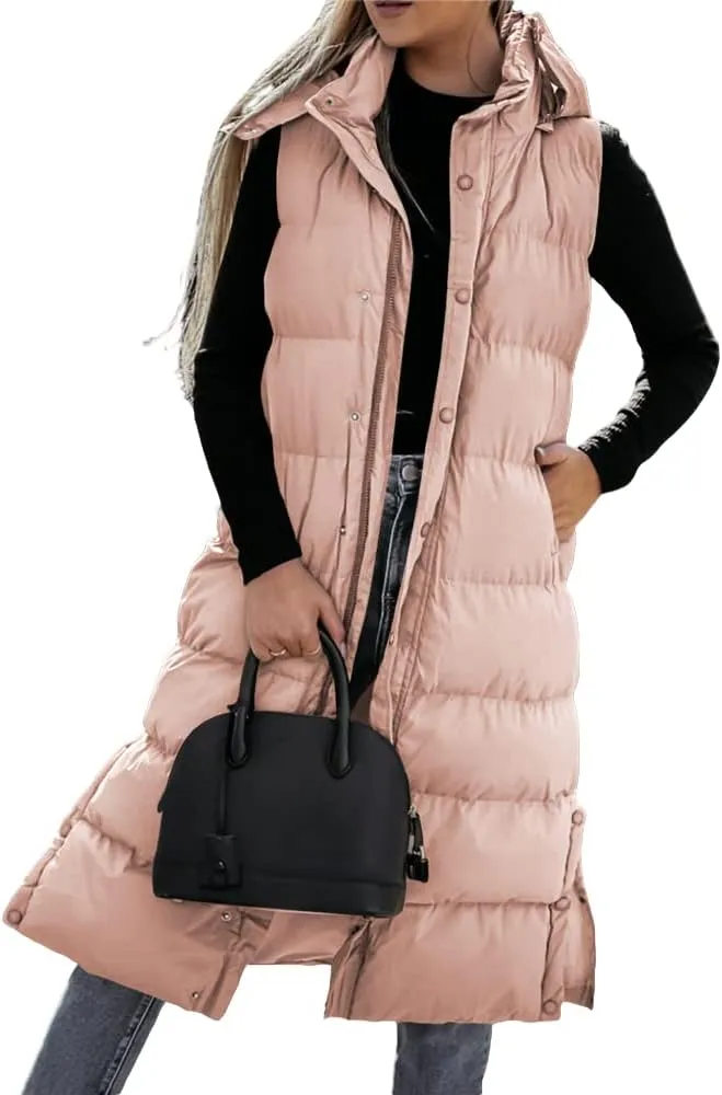 Grlasen Women's long Quilted Vest hooded sleeveless Button Down puff vest cotton padded jacket winter coat