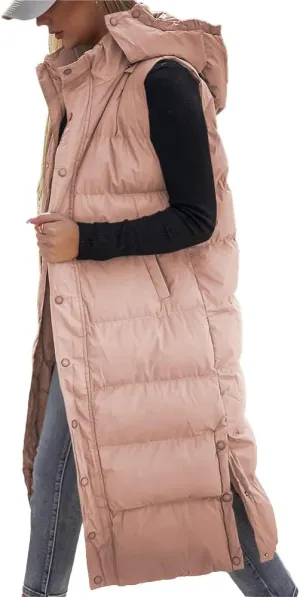 Grlasen Women's long Quilted Vest hooded sleeveless Button Down puff vest cotton padded jacket winter coat