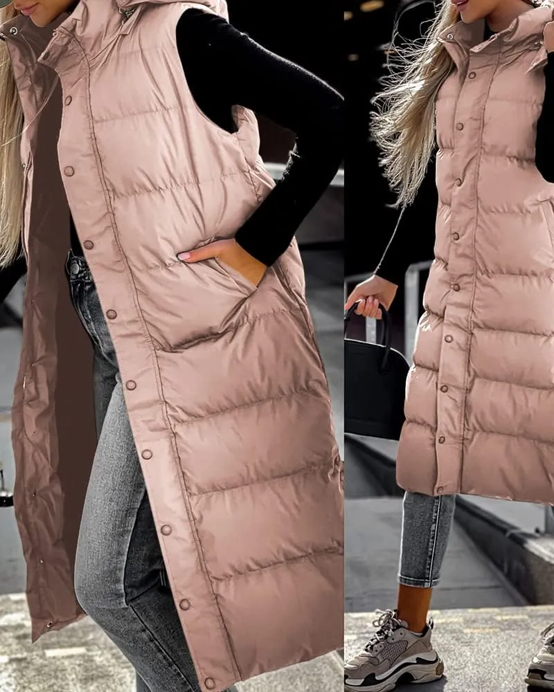 Grlasen Women's long Quilted Vest hooded sleeveless Button Down puff vest cotton padded jacket winter coat