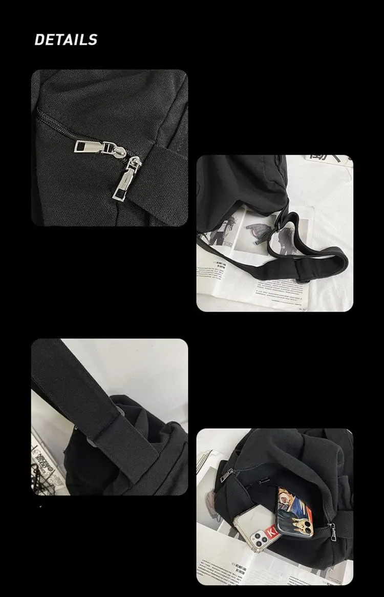 Grunge Canvas Casual Messenger Bag Hobo Crossbody Bag with With Multiple Pockets Shouder Tote Handbag for Women and Men (Black)