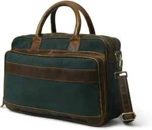 Handcrafted Buffalo Leather-Canvas Briefcase | Versatile Office & Travel Bag | Spacious Compartments, Laptop Padding, and Durable Design | For both Men and Women - Color (Green)