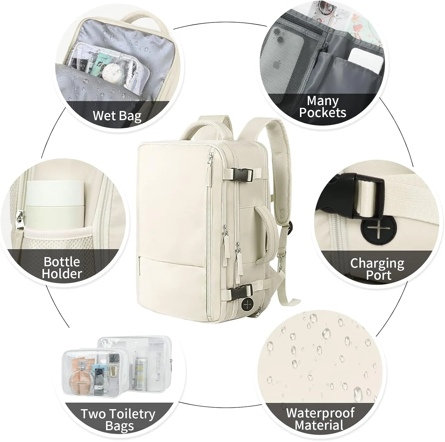 Hanples Extra Large Travel Backpack for Women, 40L Carry On, 17 Inch Laptop, Waterproof Hiking Casual Bag (Beige)