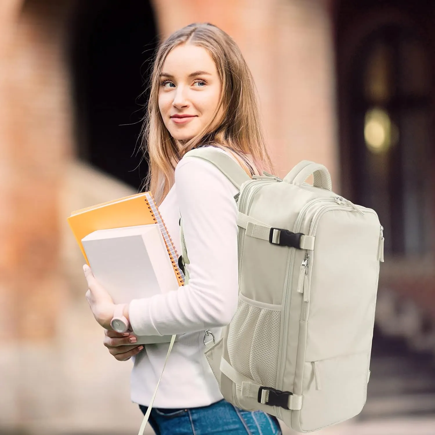Hanples Extra Large Travel Backpack for Women, 40L Carry On, 17 Inch Laptop, Waterproof Hiking Casual Bag (Beige)