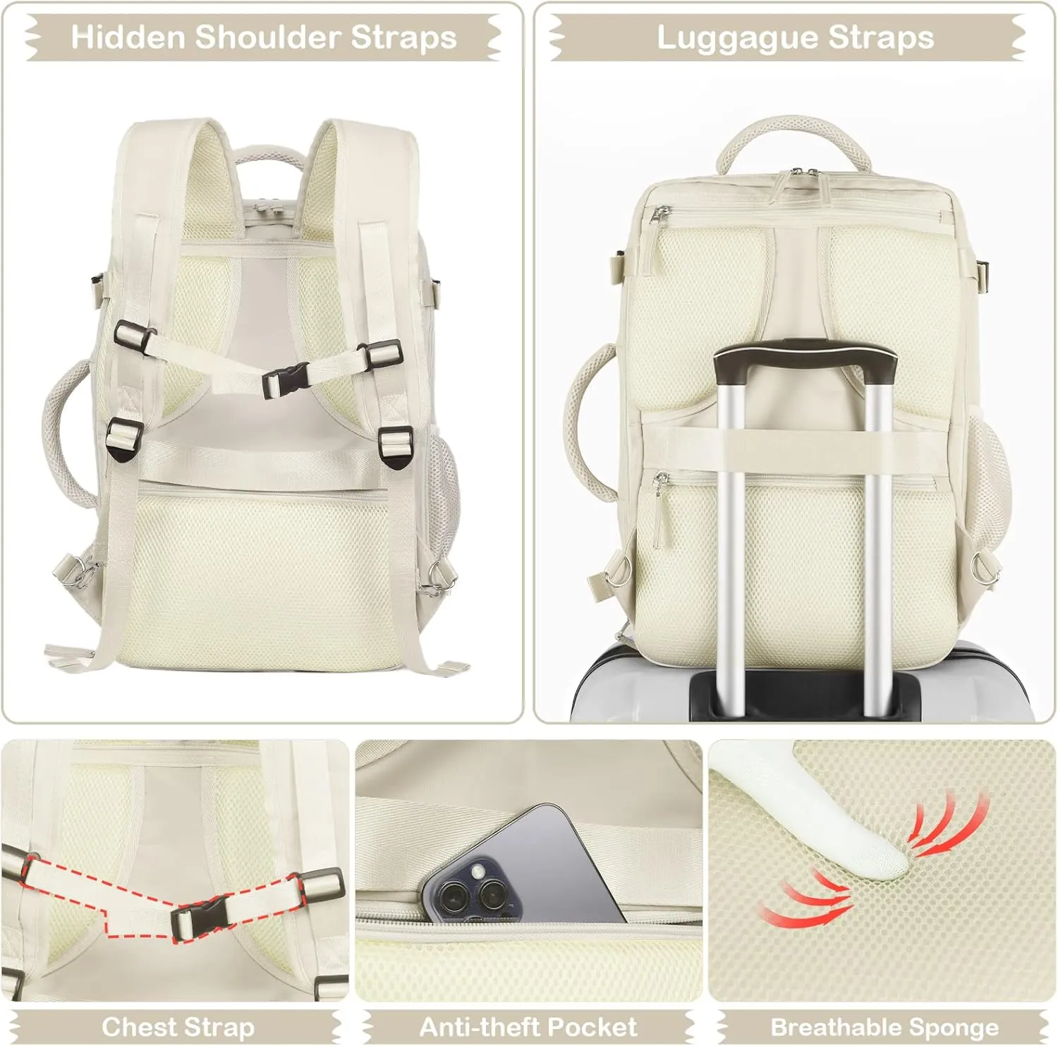 Hanples Extra Large Travel Backpack for Women, 40L Carry On, 17 Inch Laptop, Waterproof Hiking Casual Bag (Beige)