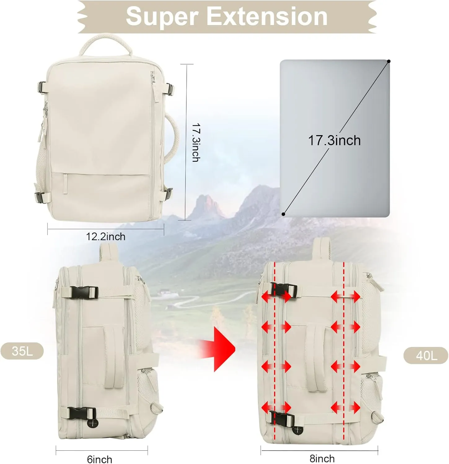 Hanples Extra Large Travel Backpack for Women, 40L Carry On, 17 Inch Laptop, Waterproof Hiking Casual Bag (Beige)