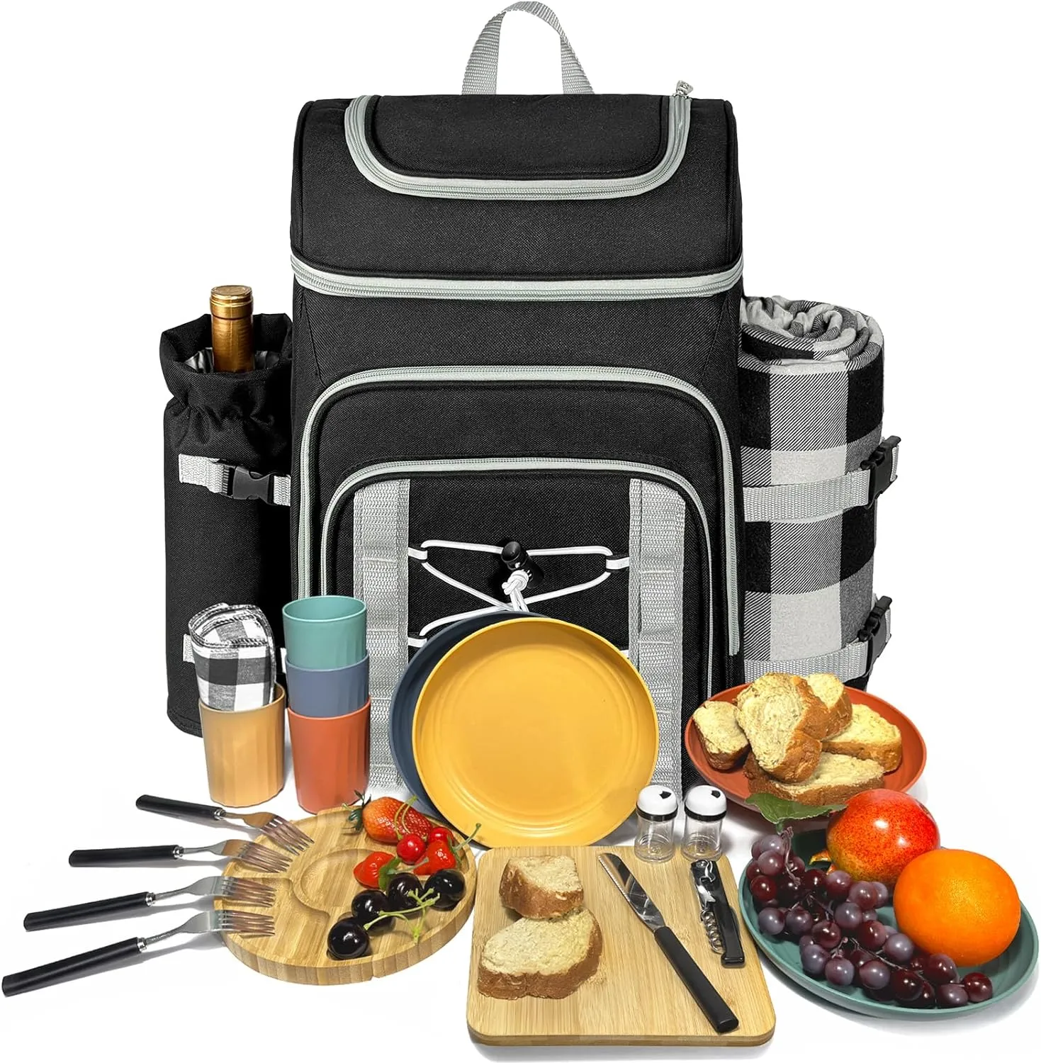 Hap Tim Picnic Basket Backpack for 4 Person with Blanket, Insulated Leakproof Cooler Compartment, Wine Holder, Cutlery Set, Engagement Gifts for Couples, White Elephant Gift Ideas, Black (36221-DG)